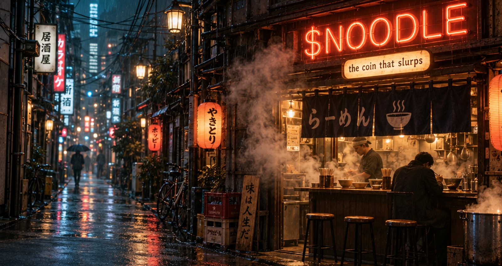 A banner Darkroom made: a ramen bar on a rainy night under a neon $NOODLE sign